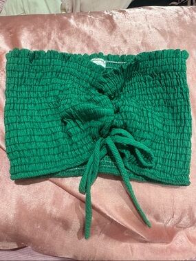 Green Smocked Tie-Front Crop Top